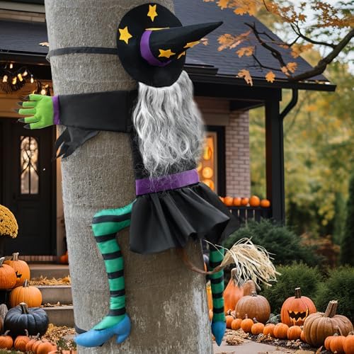 Halloween Decorations Outdoor Crashing Witch: 44'' Flying Crashed Witches Hanging into Tree - Halloween Decor for Yard Garden Porch