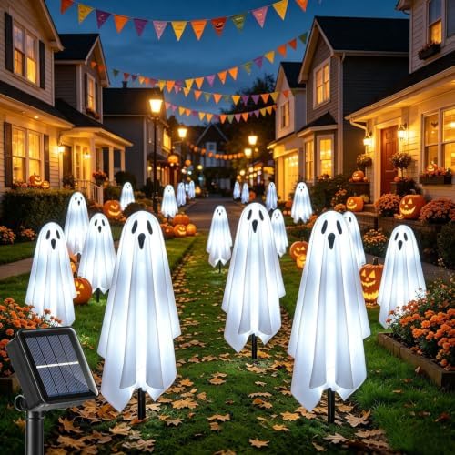 Solar Ghost Lights for Outdoor Halloween Decoration, Set of 6 Scary Spooky Pathway Lights for Trick or Treat Outside Garden Grave Lawn Porch Yard Halloween Party Decor, Cool White