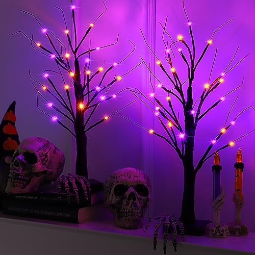 Halloween Decorations 2 Pack 24 Inch Color-Changing Halloween Tree Light,USB&Timer Battery Operated Orange and Purple Halloween Black Tree for Indoor Home Holiday Party Decorations (Orange & Purple)